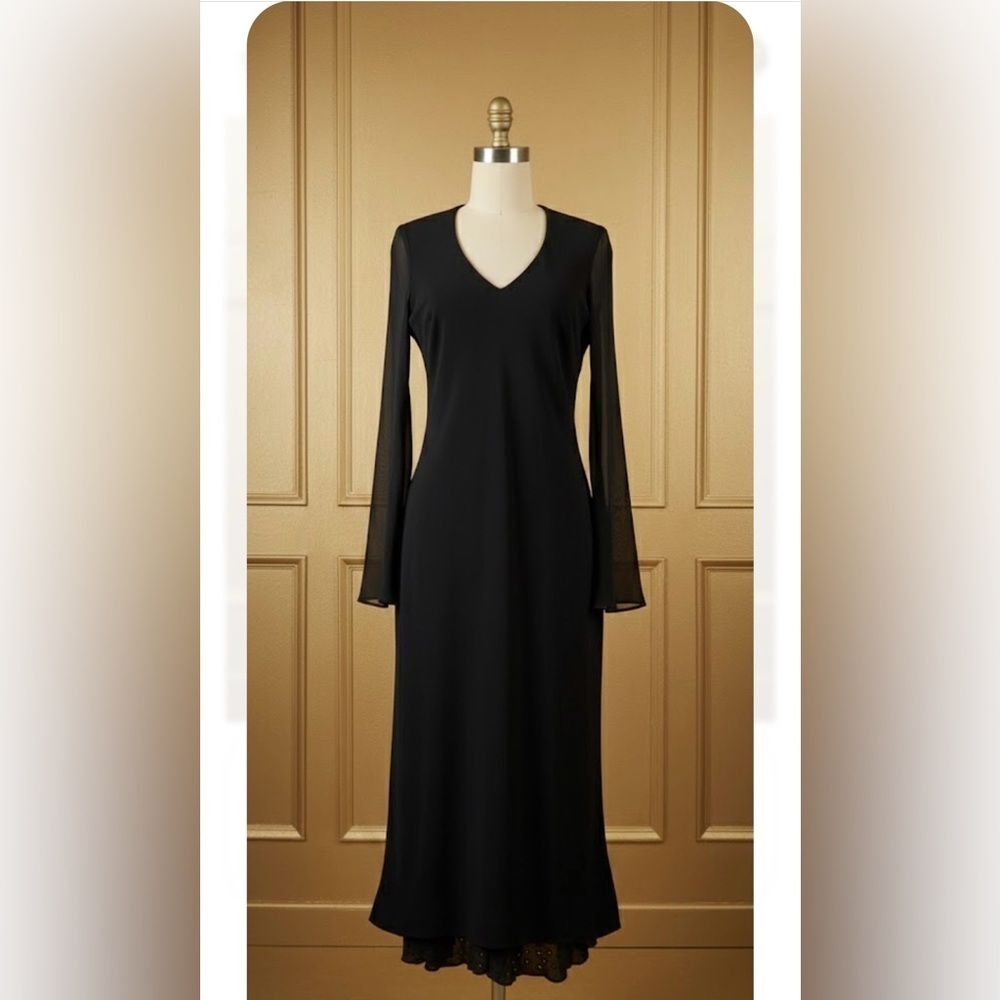 Vintage .Jones New York .Chic Black V-Neck Long Sleeve Sheath Dress